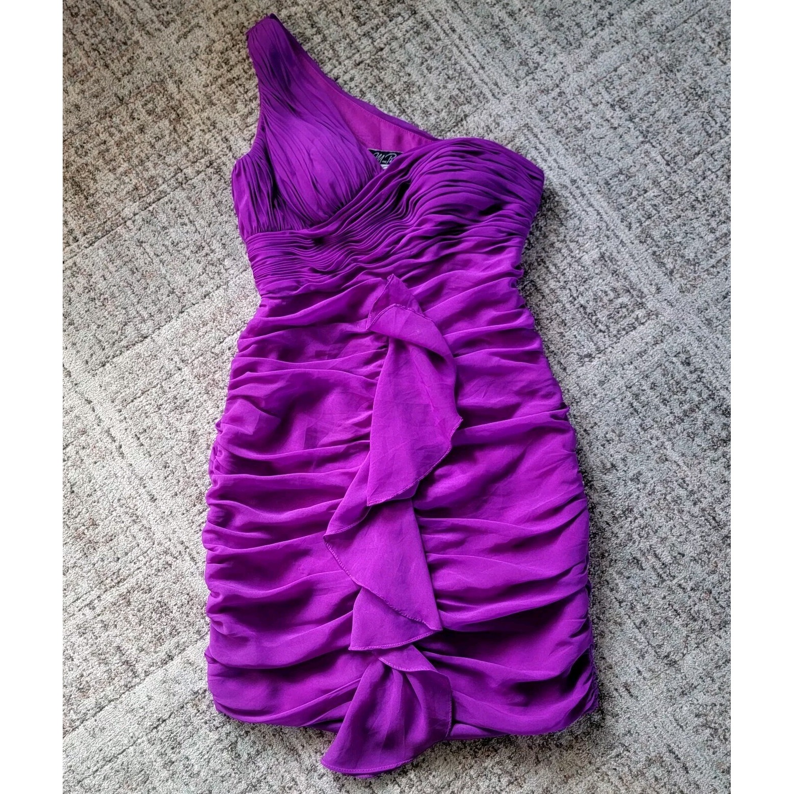 Dalia Mac Phee One Shoulder Sleeve Chiffon Bodycon Cocktail Mini Dress Magenta